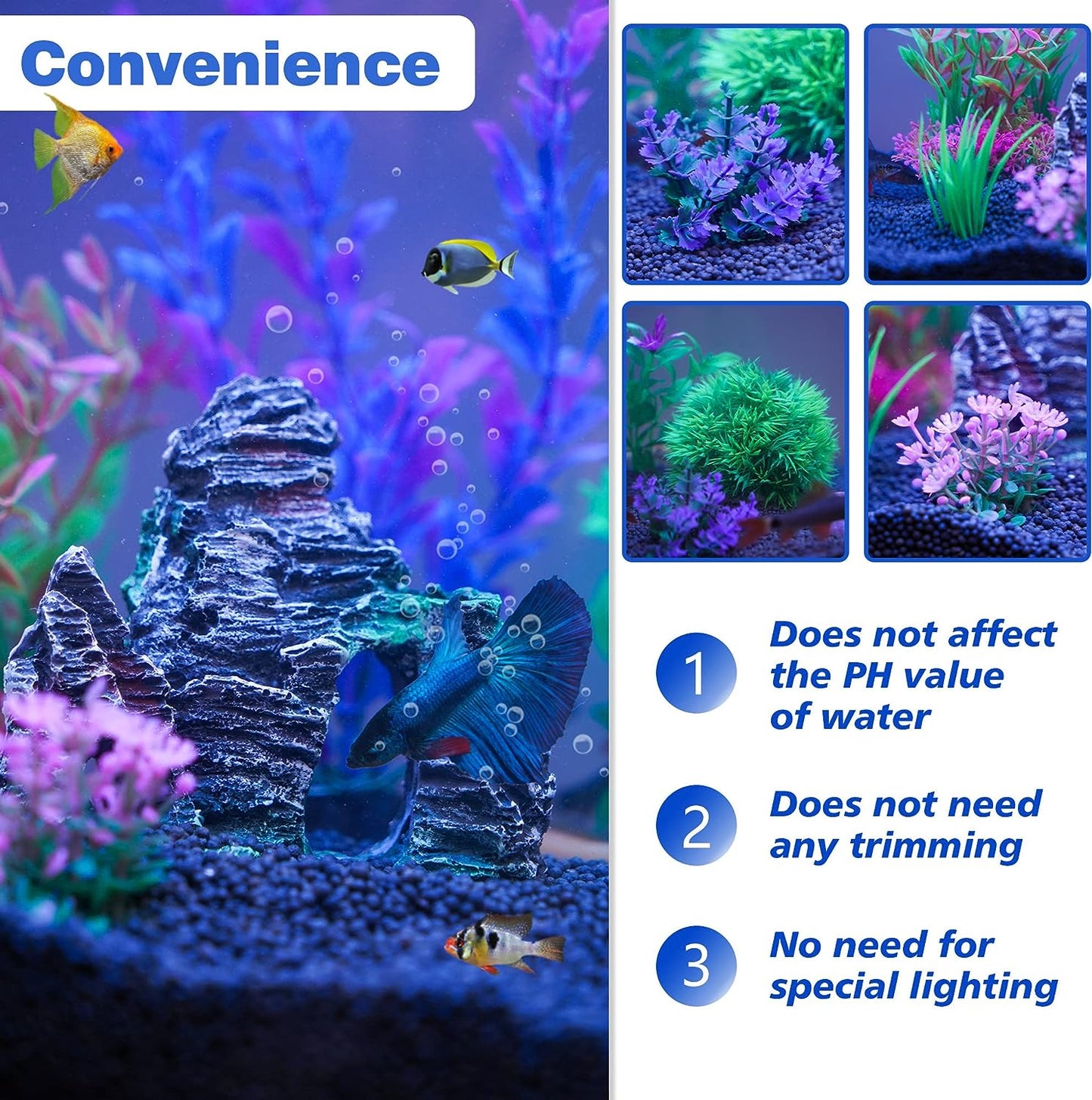 Aquarium Plants - Aquarium Decorations Fish Tank Artificial Plastic Plants & Cave Rock Decor Set, Goldfish Betta Fish Tank Accessories Small Large Fish Bowl Decorations(8 Pieces