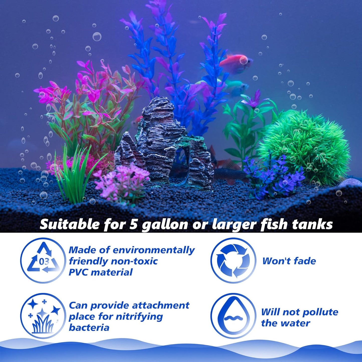 Aquarium Plants - Aquarium Decorations Fish Tank Artificial Plastic Plants & Cave Rock Decor Set, Goldfish Betta Fish Tank Accessories Small Large Fish Bowl Decorations(8 Pieces