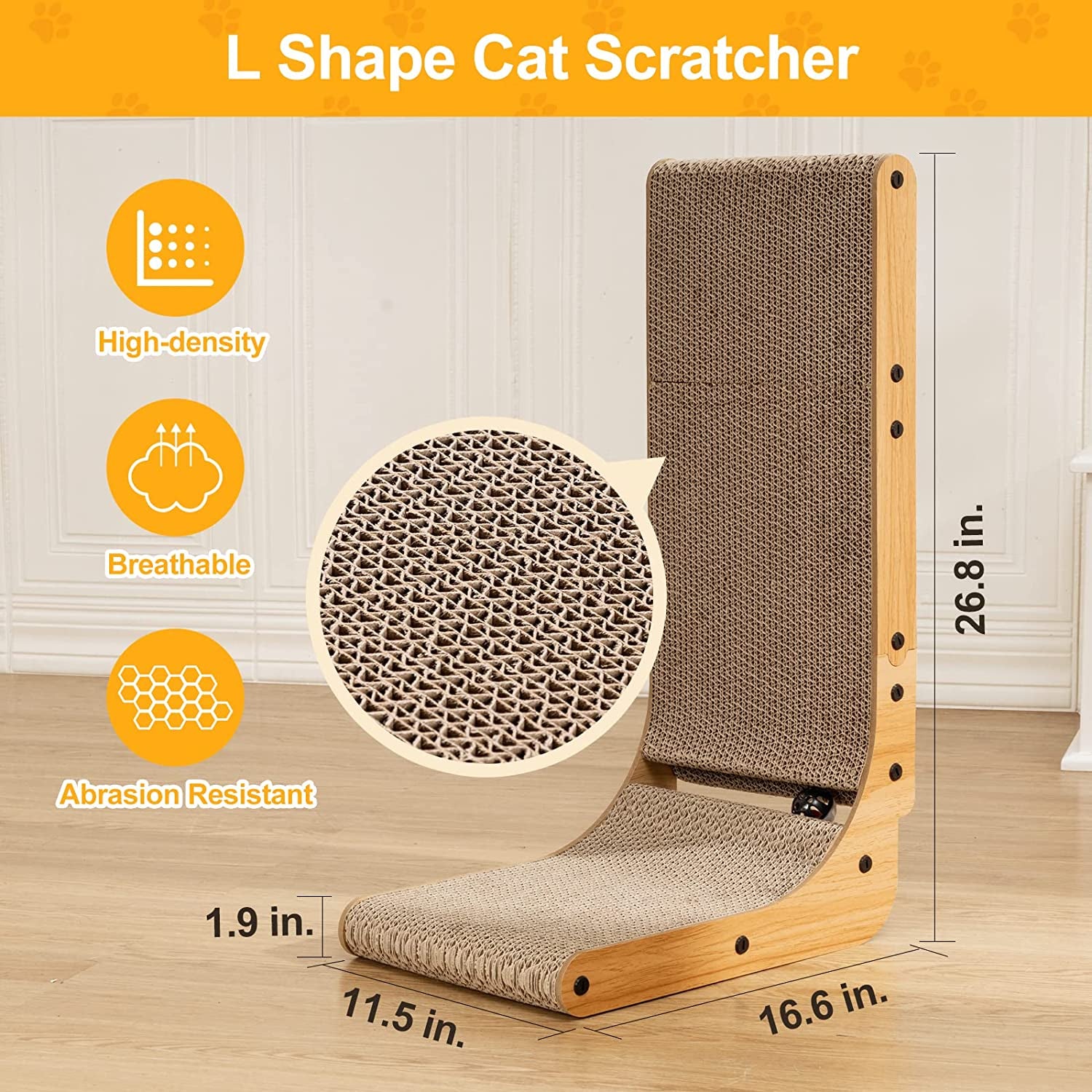 Tr5aini8ng Aids - L Shape Cat Scratcher, 26.8 Inch Cat Scratchers for Indoor Cats, Protecting Furniture Cat Scratch Pad, Cardboard Cat Scratching with Ball Toy, Catnip, LargeTr