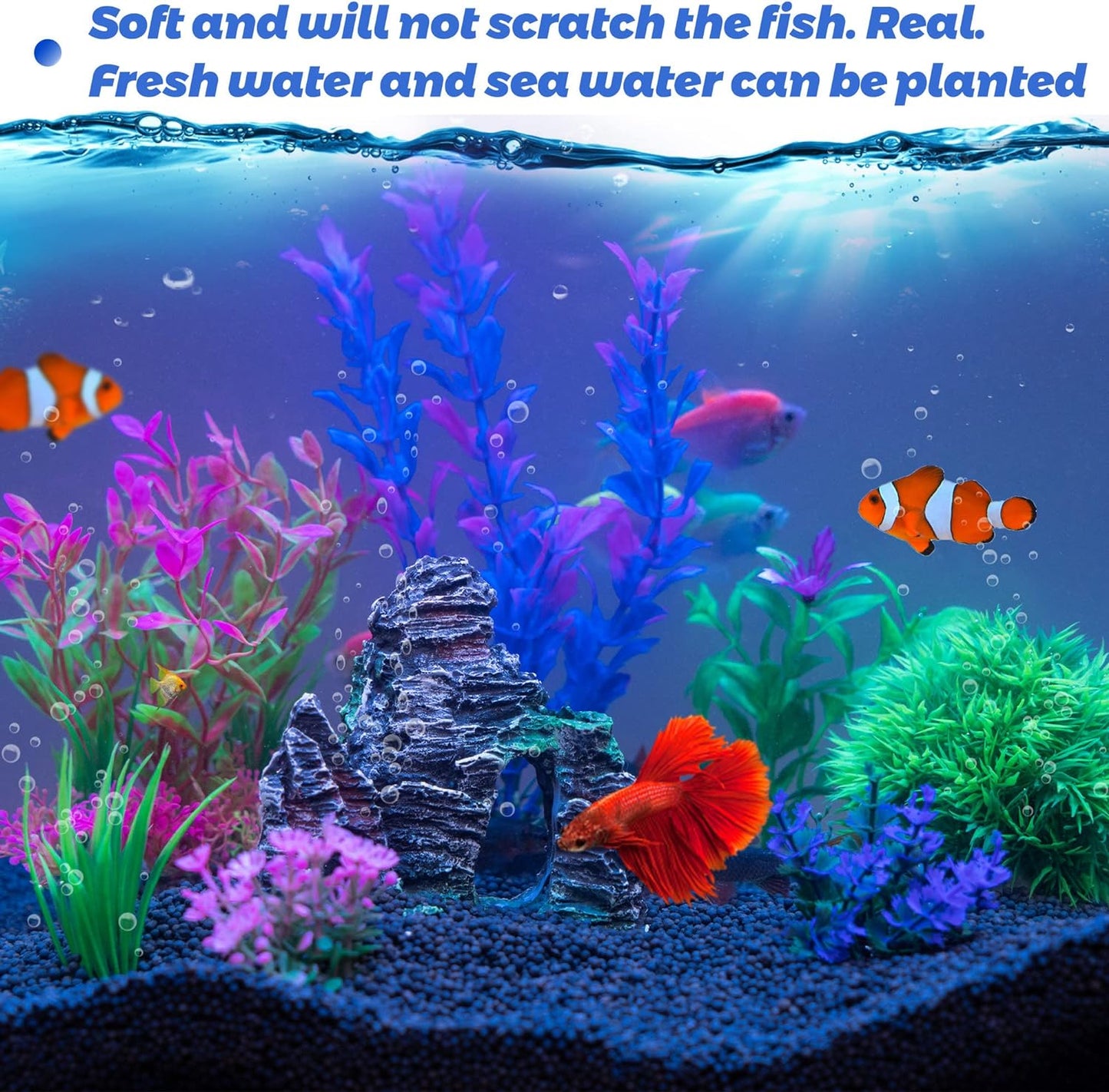 Aquarium Plants - Aquarium Decorations Fish Tank Artificial Plastic Plants & Cave Rock Decor Set, Goldfish Betta Fish Tank Accessories Small Large Fish Bowl Decorations（8 Pieces