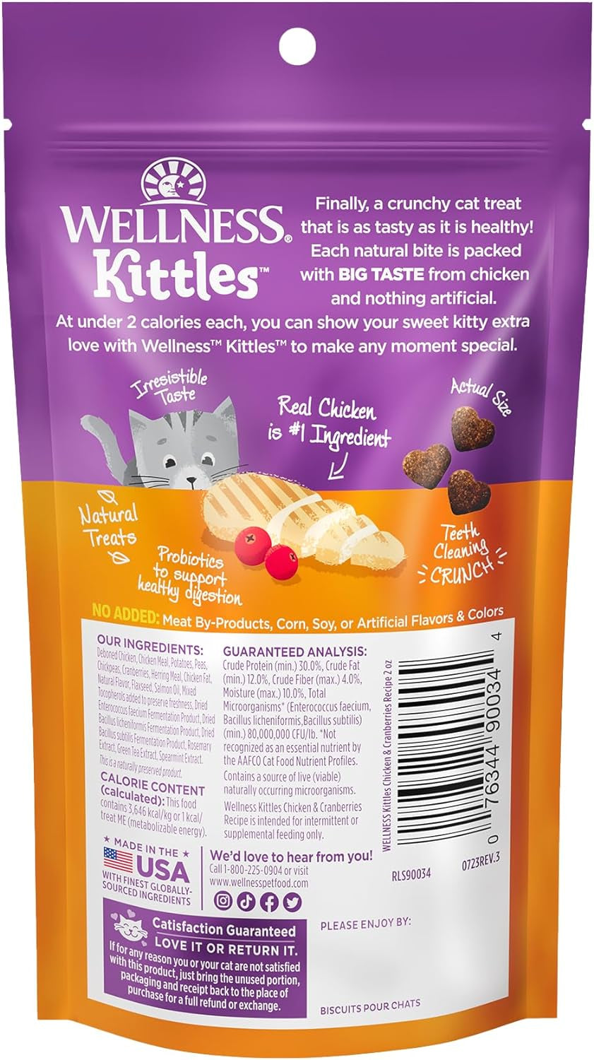 Food Treats - Wellness Kittles Crunchy Natural Grain Free Cat Treats, Chicken & Cranberries Recipe, All Life Stages, 2-Ounce Bag