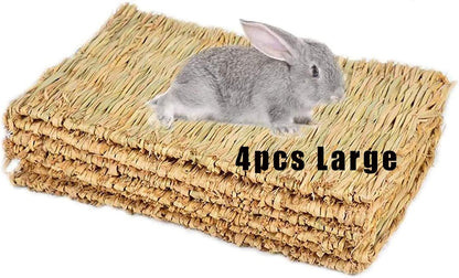 Cages and Habitat Accessories - Grass Mat Woven Bed Mat for Small Animal 4PCS Large Bunny Bedding Nest Chew Toy Bed Play Toy for Guinea Pig Parrot Rabbit Bunny Hamster Rat