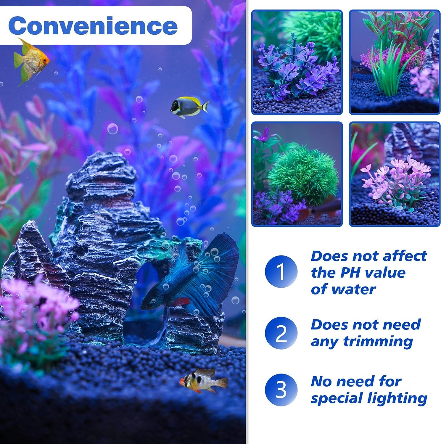 Aquarium Plants - Aquarium Decorations Fish Tank Artificial Plastic Plants & Cave Rock Decor Set, Goldfish Betta Fish Tank Accessories Small Large Fish Bowl Decorations（8 Pieces