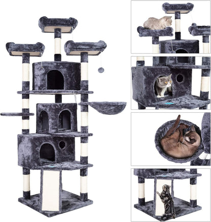 Bedding and Furniture - Cat Tree, 73.4 Inch Cat Tower with 3 Caves, 3 Cozy Perches, Scratching Posts, Board, Activity Center Stable for Kitten/Big Cat, Gray MPJ032G