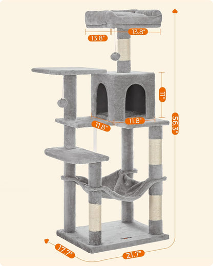 Bedding and Furniture - Cat Tree, 56.3-Inch Cat Tower for Indoor Cats, Multi-Level Cat Condo with 4 Scratching Posts, 2 Perches, Hammock, Cave, Light Gray UPCT161W01