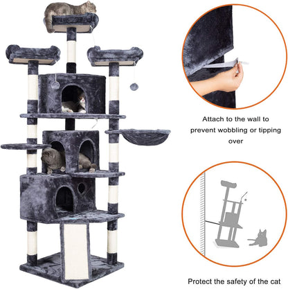 Bedding and Furniture - Cat Tree, 73.4 Inch Cat Tower with 3 Caves, 3 Cozy Perches, Scratching Posts, Board, Activity Center Stable for Kitten/Big Cat, Gray MPJ032G