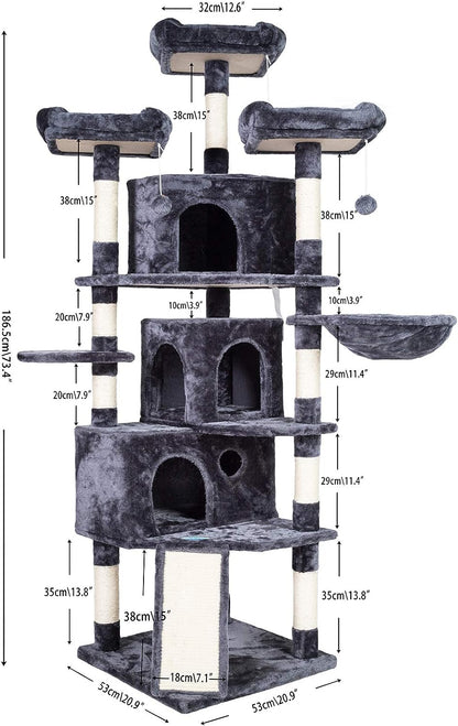 Bedding and Furniture - Cat Tree, 73.4 Inch Cat Tower with 3 Caves, 3 Cozy Perches, Scratching Posts, Board, Activity Center Stable for Kitten/Big Cat, Gray MPJ032G