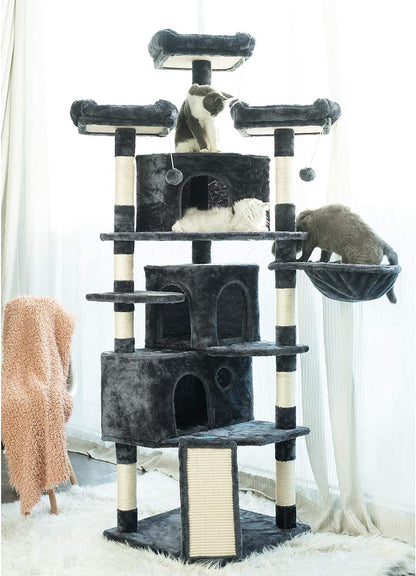 Bedding and Furniture - Cat Tree, 73.4 Inch Cat Tower with 3 Caves, 3 Cozy Perches, Scratching Posts, Board, Activity Center Stable for Kitten/Big Cat, Gray MPJ032G