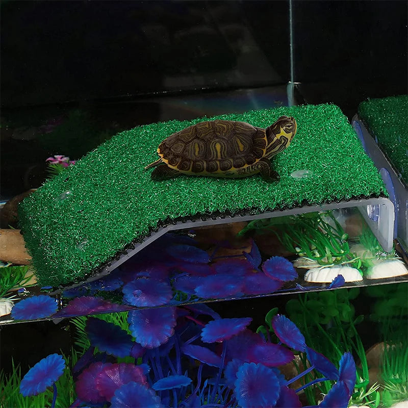 Tanks and Enclosures - Turtle Basking Platform Resting Terrace with Fake Turf Tortoise Ramp Fish Tank Aquarium Platform Ladder Lawn for Reptile Frog