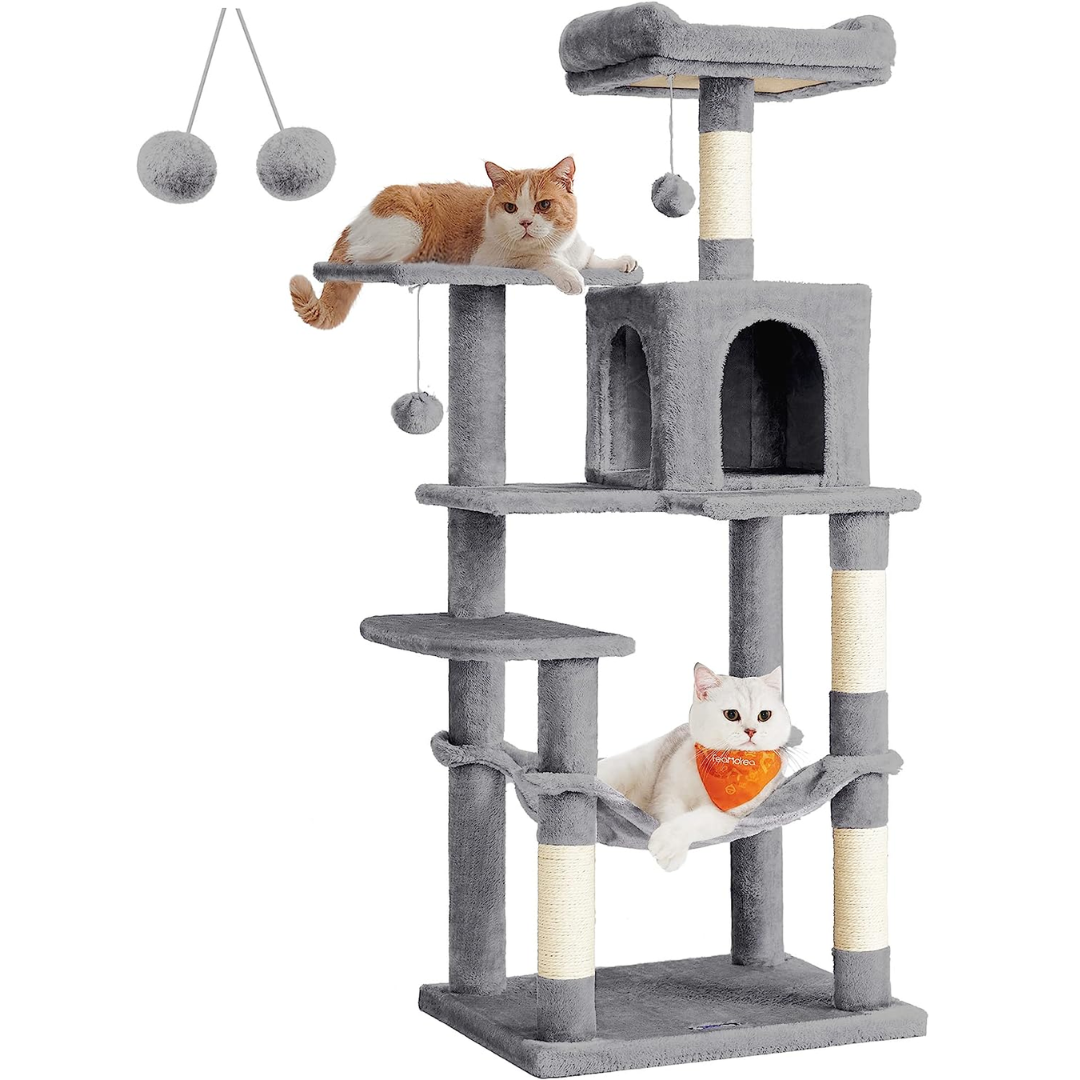 Bedding and Furniture - Cat Tree - 56.3-Inch Multi-Level Cat Tower with Scratching Posts, Perches, Hammock, Cave