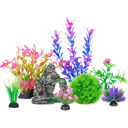 Substrate and Decorations - Aquarium Decorations Fish Tank Artificial Plastic Plants & Cave Rock Decor Set