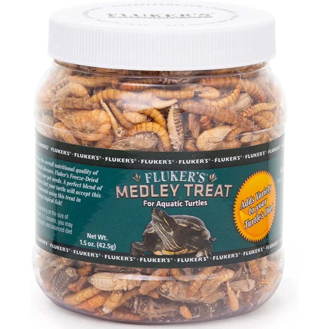 Food Treats - Medley Treat for Aquatic Turtles, River Shrimp, Mealworms, and Crickets, 1.5 Oz