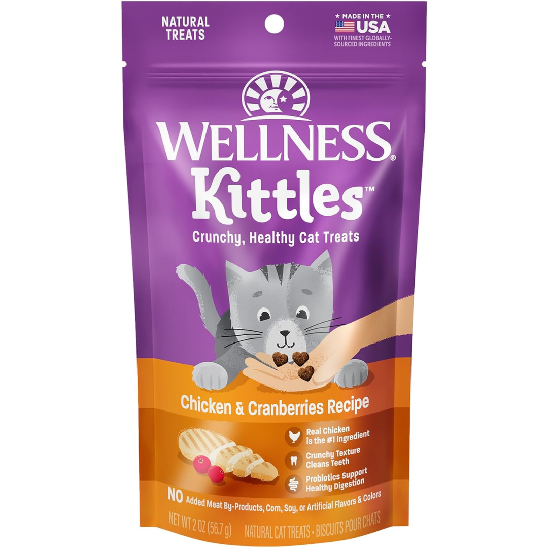 Food Treats - Wellness Kittles Crunchy Natural Grain Free Cat Treats, Chicken & Cranberries Recipe, All Life Stages, 2-Ounce Bag