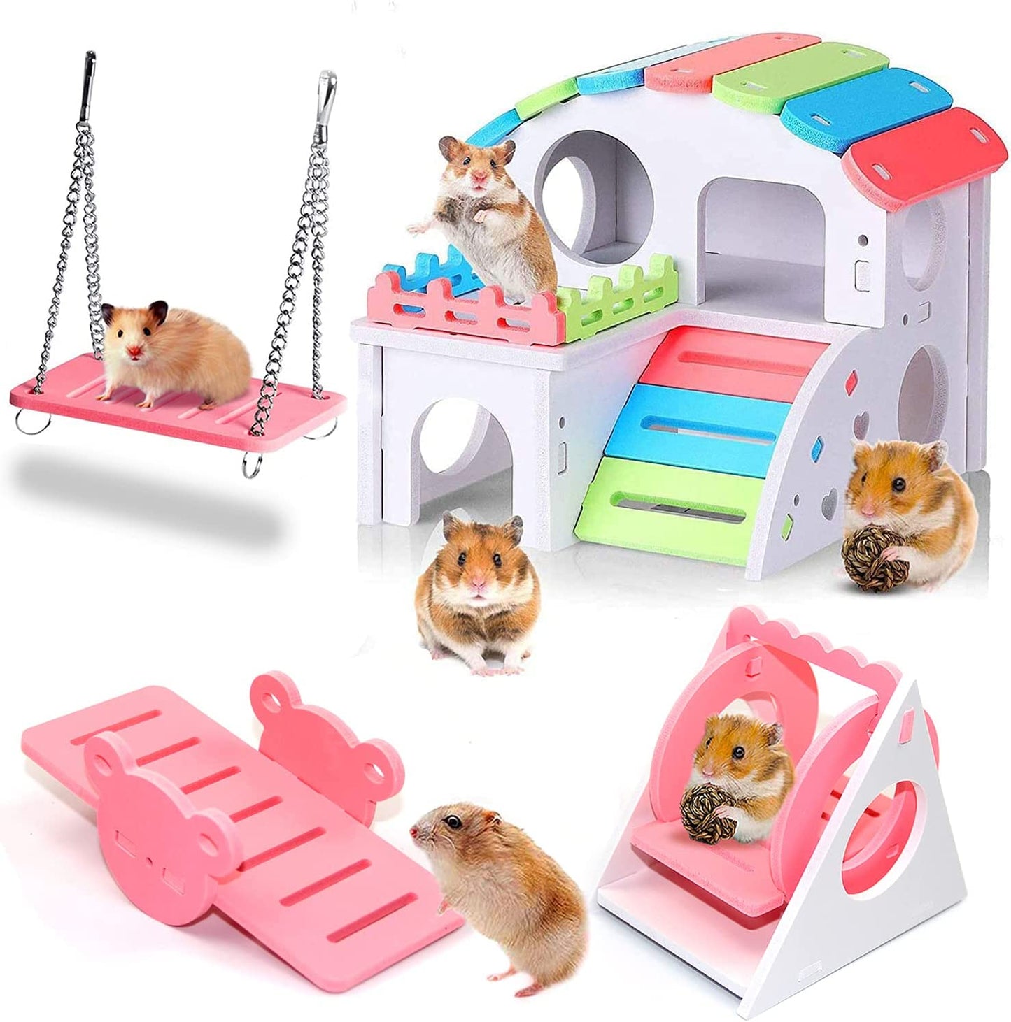 Toys - 4-Piece Hamster Toy Set: House, Swing, Seesaw, and Sport Set