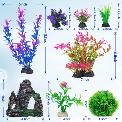 Aquarium Plants - Aquarium Decorations Fish Tank Artificial Plastic Plants & Cave Rock Decor Set, Goldfish Betta Fish Tank Accessories Small Large Fish Bowl Decorations（8 Pieces