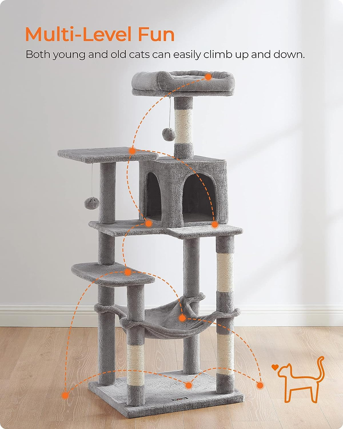 Bedding and Furniture - Cat Tree, 56.3-Inch Cat Tower for Indoor Cats, Multi-Level Cat Condo with 4 Scratching Posts, 2 Perches, Hammock, Cave, Light Gray UPCT161W01