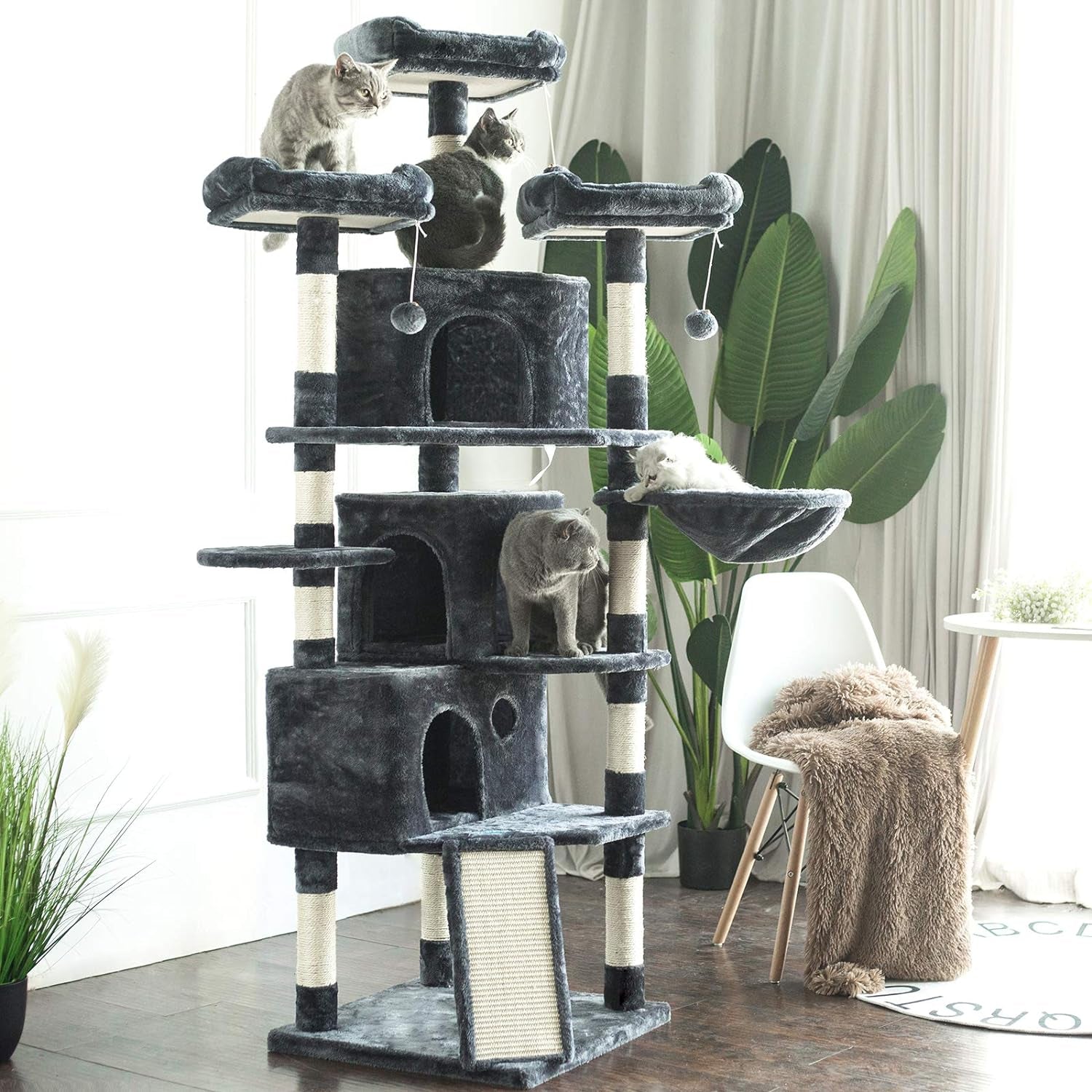 Bedding and Furniture - Cat Tree, 73.4 Inch Cat Tower with 3 Caves, 3 Cozy Perches, Scratching Posts, Board, Activity Center Stable for Kitten/Big Cat, Gray MPJ032G