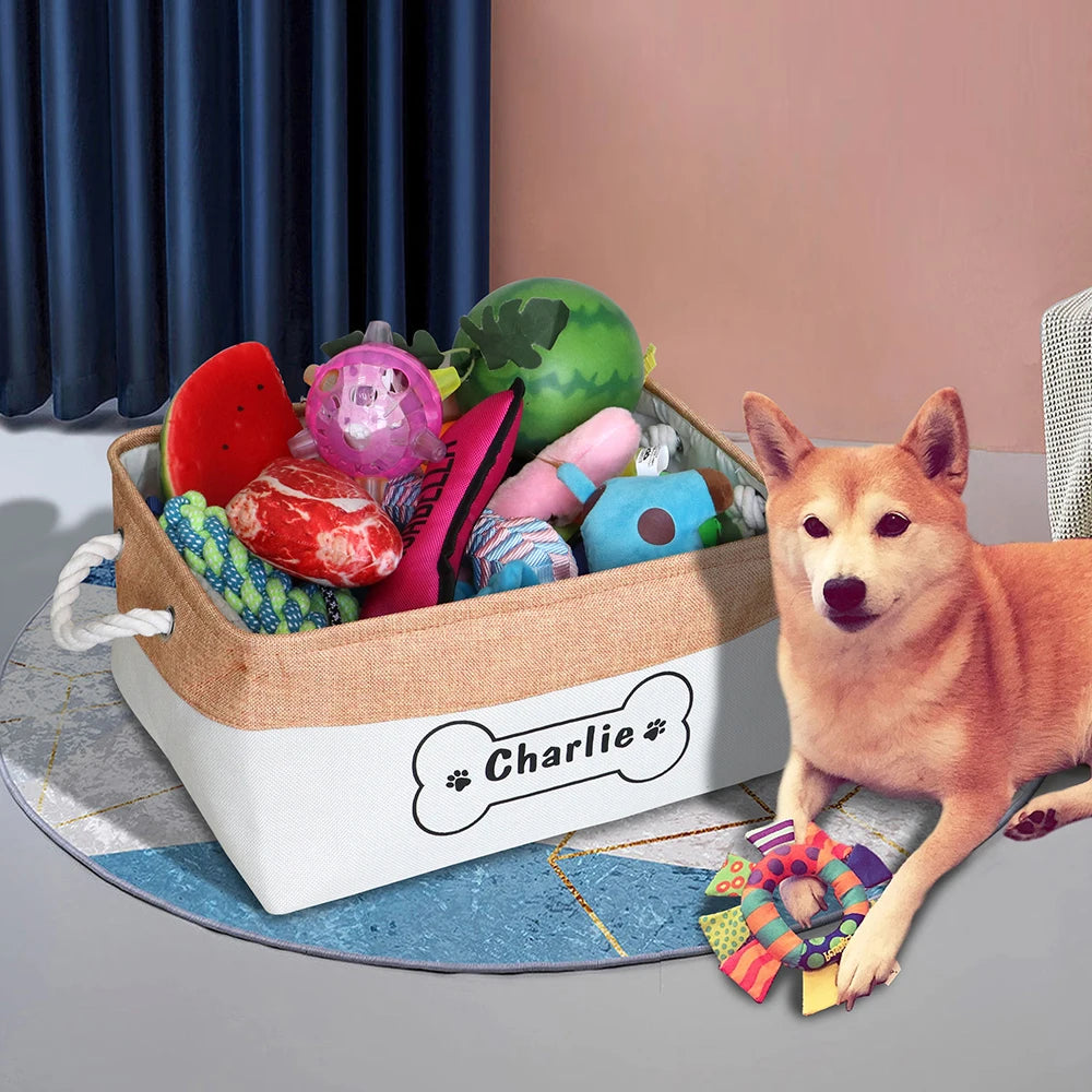 Customizable Products - Personalized Dog Toy Basket Free Print Pet Storage Box Foldable DIY Custom Name Toys Accessories Dog Canvas Bag Pet Products