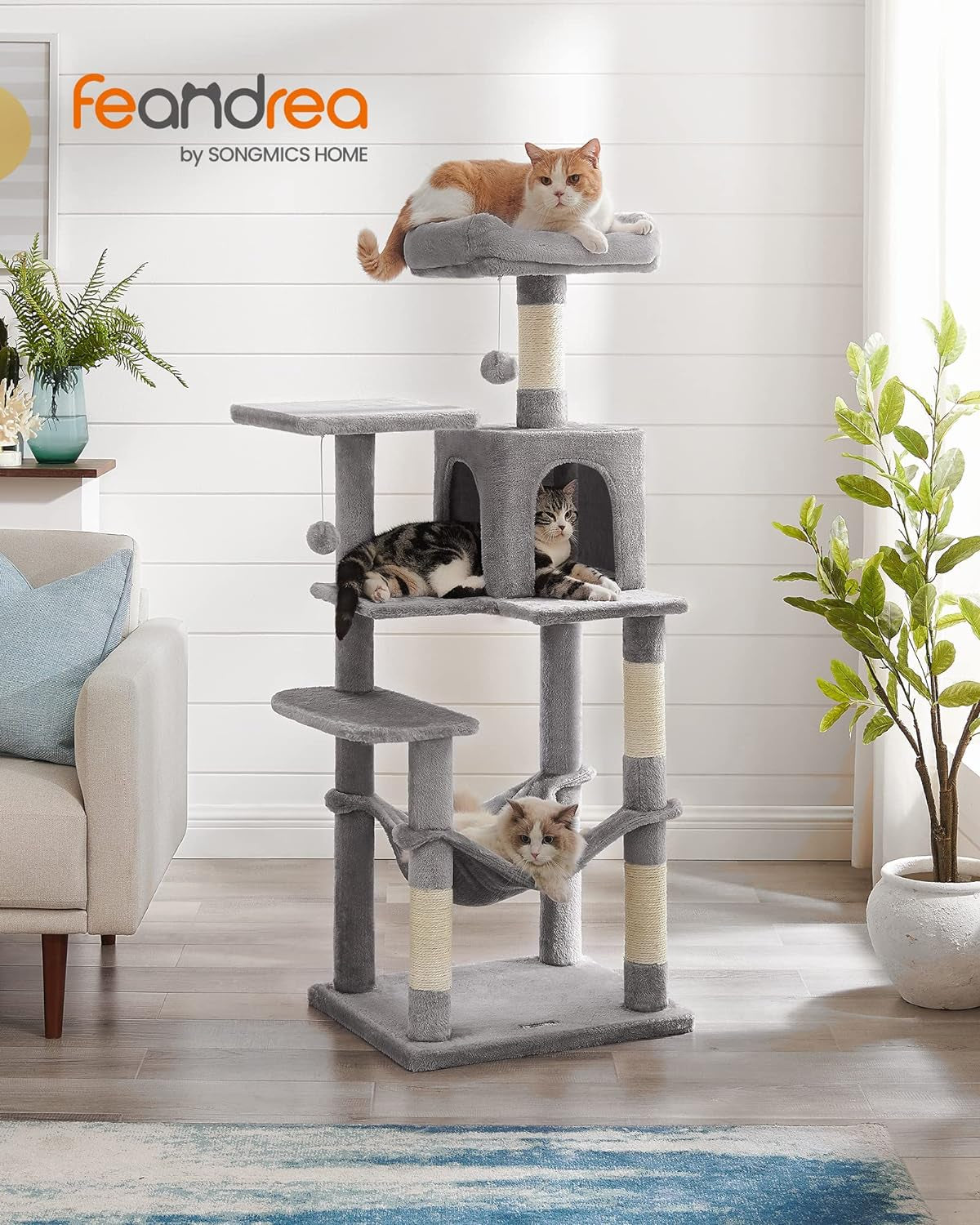 Bedding and Furniture - Cat Tree, 56.3-Inch Cat Tower for Indoor Cats, Multi-Level Cat Condo with 4 Scratching Posts, 2 Perches, Hammock, Cave, Light Gray UPCT161W01